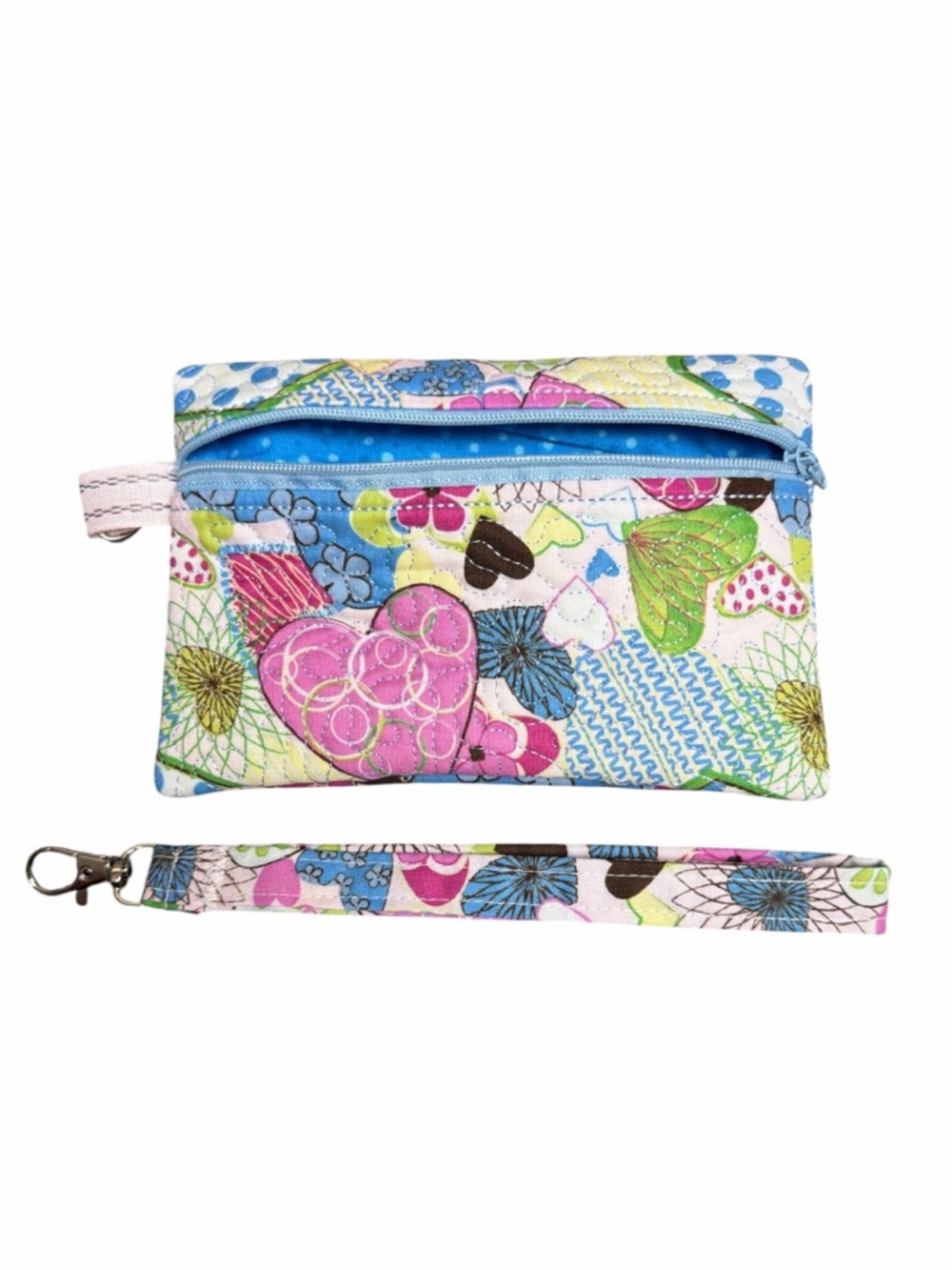 Hand Crafted Zipper Pouch Hearts Blue Pink and Green Zipper Wallet - Picture 7 of 11